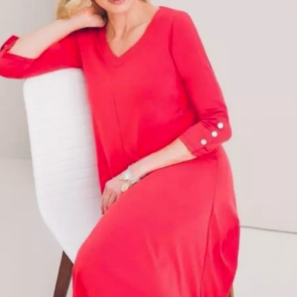 Chico's Travelers Easy Chic Button Sleeve Vibrant Red Dress Minimalist Coastal